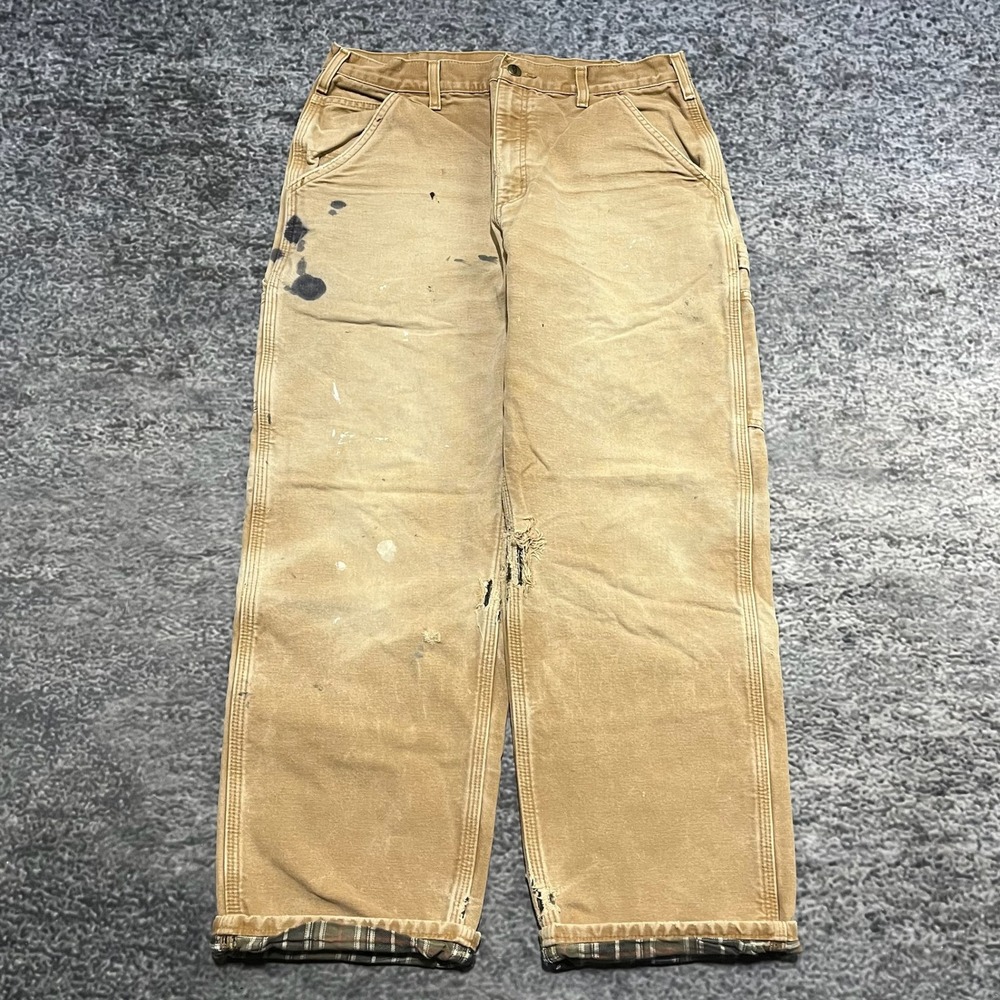 VTG Carhartt Carpenter Pants Tan 34x29 Distressed Faded Flannel Lined B111‎ BRN - Picture 2 of 16